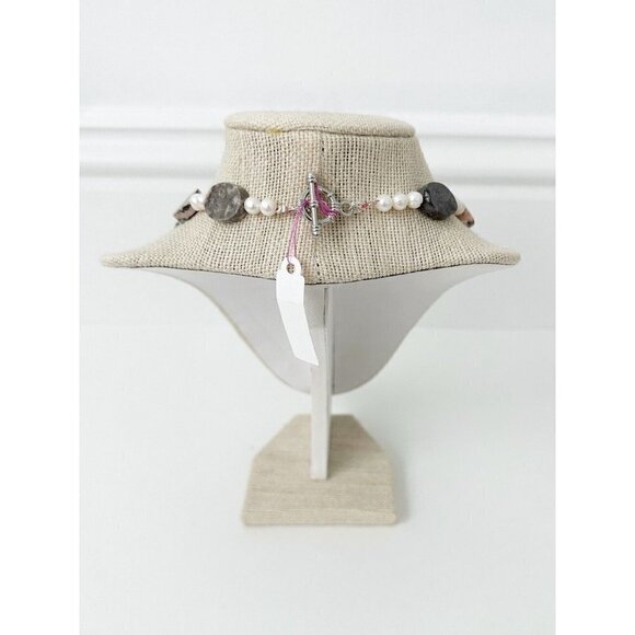 NWT Genuine Zebra Rhodonite & Pearls Necklace Gray Pink White Beaded - Picture 4 of 5